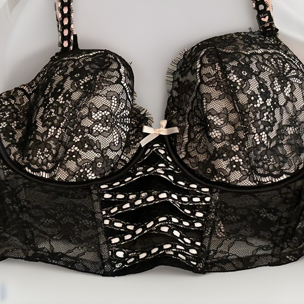 Victorias Secret Corset Top M DD Black Lace Dream Angels Lined Demi Bra NWT
